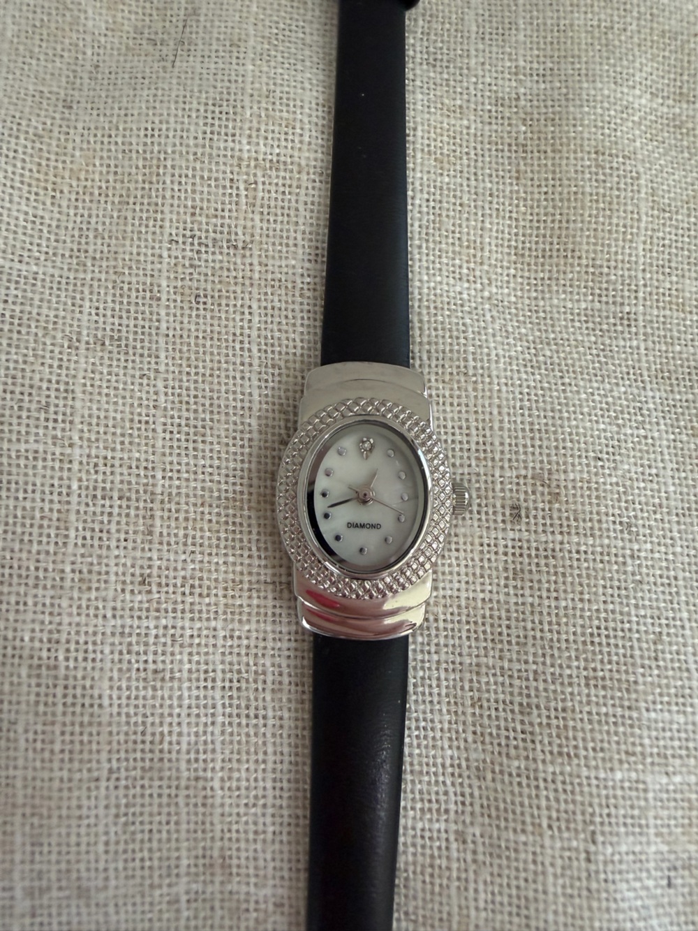 Diamond Accent Slim Black Leather Strap Watch with Silver Oval Face - Picture 2 of 6